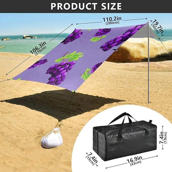 xigua Purple Grape Beach Tent Sun Shelter with Carrying Bag - Silver Coated Oxford Fabric Beach Canopy for Beach Camping Fishing - Includes Windproof Ropes Sandbags &amp Stakes