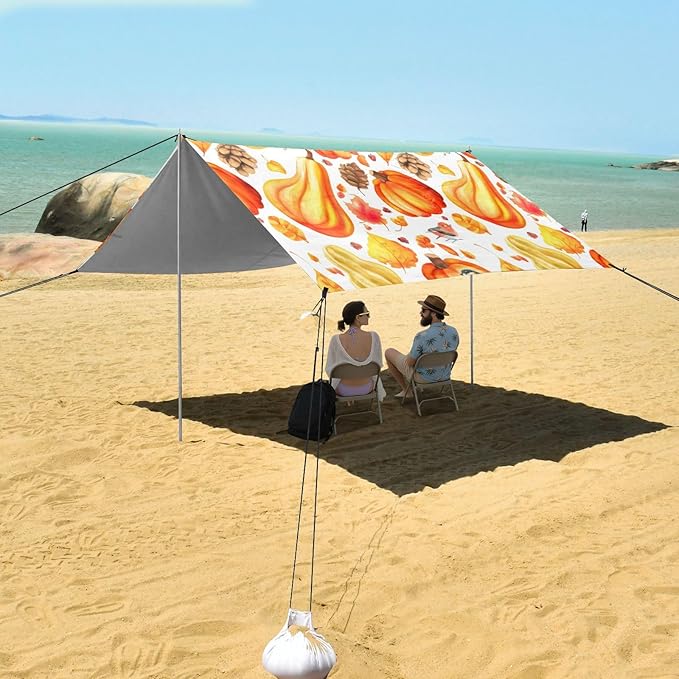 Beach Canopy with Windproof Ropes &amp Sandbags Beach Tent Sun Shade Sun Shelter for Camping Trips Fishing Backyard Fun or Picnics Pumpkins