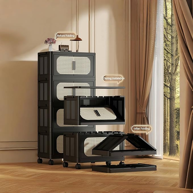 5 Tiers Folding Storage Cabinet20 Side Wide Stackable Storage Bins with Doors and Wheels Space Saving Plastic Cabinet for Living Room Office Dorm Retro Black