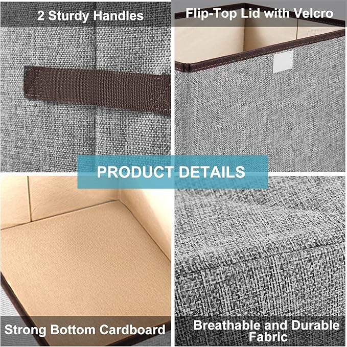 Bagnizer Linen Fabric Foldable Storage Cube Bin Organizer Basket with Flip-Top Lid &amp Handles Large Clothes Blanket Box for Home Office Closet Gray &amp Pink 4 Pack 14.6 x 9.5 x 9.5”