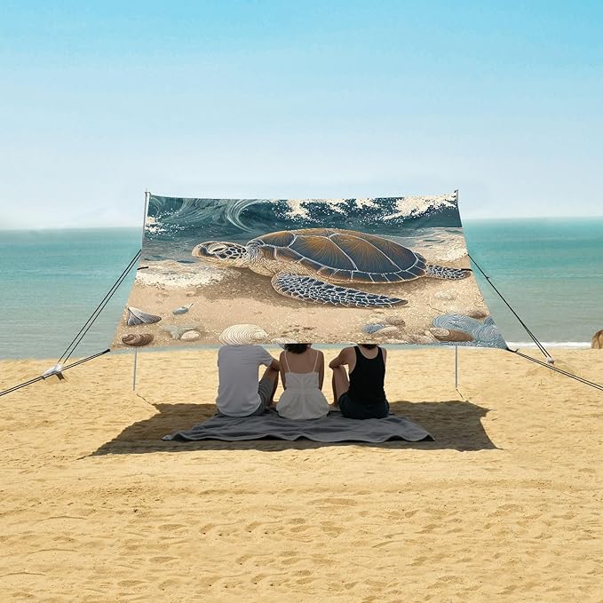 ALAZA Sea Turtle Beach Beach Tent Sun Shelter UPF50+ Protection Beach Shade Canopy w/ 4 Sandbags for Outdoor Camping Fishing Backyard Fun Picnic 10x9 ft
