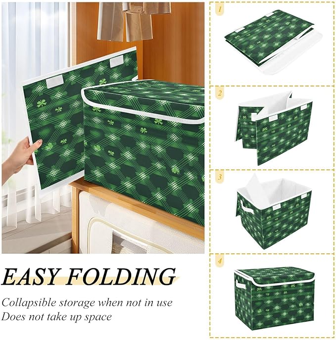 Clover Plaid Fabric Storage Bins with Lids and HandleFoldable Storage Bins with LidsCloset Organizers for Clothes Storage Room Organization Office Storage Chest Organizer
