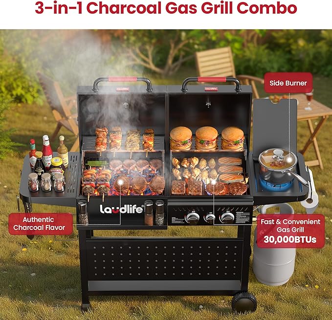 Gas and Charcoal Grill Combo with Side Burner 3 Burners Propane BBQ Grill 748 SQ.IN Cooking Space Non-Stick Enamel Coating Grates Heavy-Duty Stand for Backyard &amp Outdoor Barbecue