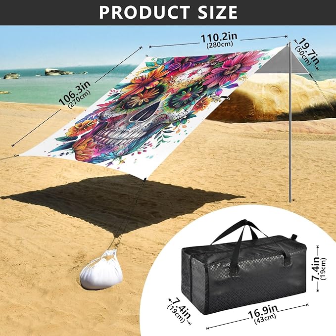 ALAZA Colorful Human Skull Mexican Floral Tattoo Beach Tent Sun Shelter Portable Canopy Sunshade for Outdoor Camping Picnics Backyard Fun 10x9 ft