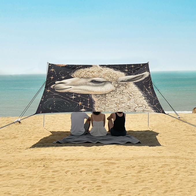 ALAZA Curly Hair Llama Space on Constellation Star Beach Tent Sun Shelter Portable Canopy Sunshade for Outdoor Camping Picnics Backyard Fun 10x9 ft