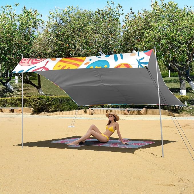 ALAZA Colorful Easter Egg Leave Happy Easter Beach Tent Sun Shelter Portable Canopy Sunshade for Outdoor Camping Picnics Backyard Fun 10x9 ft