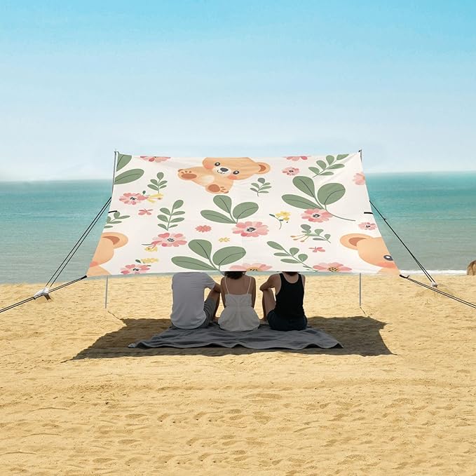ALAZA Lovely Cute Bear Flower Beach Tent Sun Shelter Portable Canopy Sunshade for Outdoor Camping Picnics Backyard Fun 10x9 ft