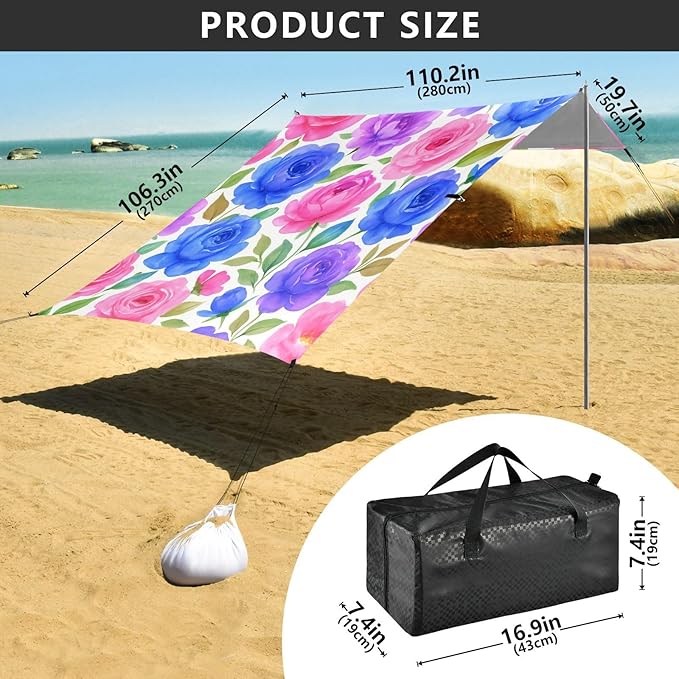 Beach Canopy with Windproof Ropes &amp Sandbags Beach Tent Sun Shade Sun Shelter for Camping Trips Fishing Backyard Fun or Picnics Roses and Peonies
