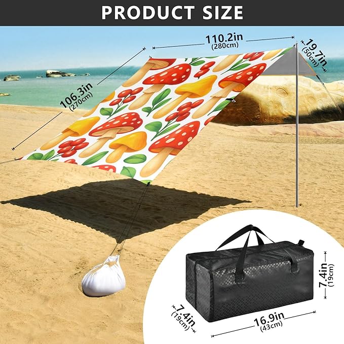 Beach Canopy with Windproof Ropes &amp Sandbags Beach Tent Sun Shade Sun Shelter for Camping Trips Fishing Backyard Fun or Picnics Mushroom