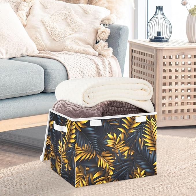 AIXIWAWA Lidded Storage Cube (Gold Palm Leaf) Fabric Foldable Closet Bins with Flip Lid and Handles Organizer Basket Container 16.5 x 12.6 x 11.8 IN