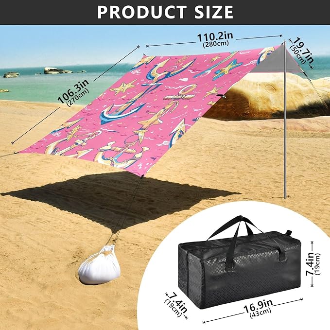 Hand Drawn Sea Ship Ocean Beach Tent UPF50 Waterproof Shade Sun Shelter with Sandbags Sand Shovel Poles for Camping Fishing Backyard Fun