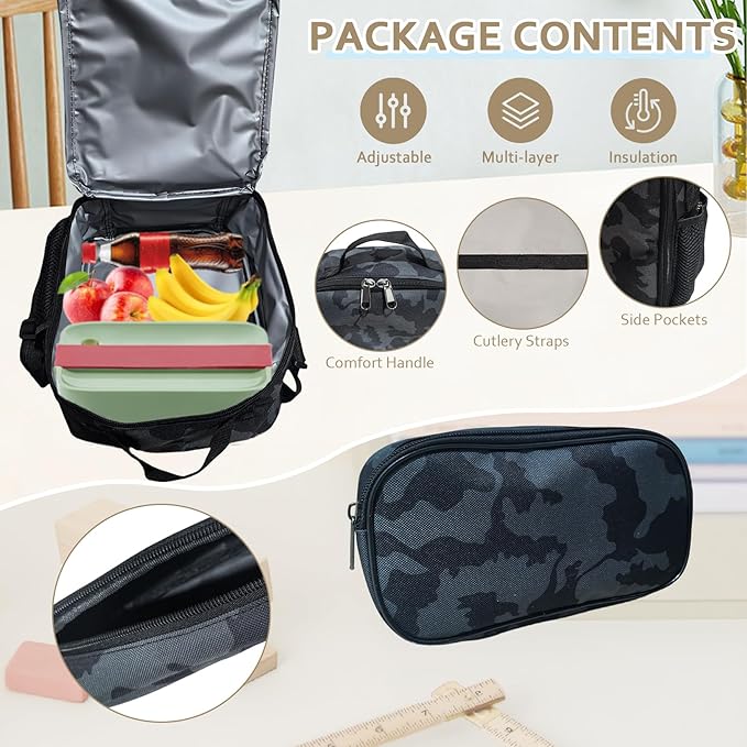 Camo Backpack for Boys 3 in 1 Set 19 Inch 55L Tactical Bookbag with Lunch Box Pencil Case Molle School Backpack for Kids Teens Daily School Commute Outdoor Camping for Elementary Middle High School