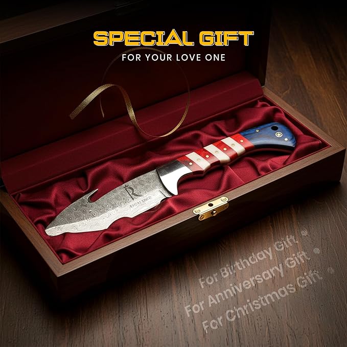 10 Damascus Hunting Knife with Gut Hook Fixed Blade Knife with Sheath American Flag Handle Full Tang Fixed Blade Knife Tactical Survival Knife for Men Damascus Steel Knives Camping Outdoor Field