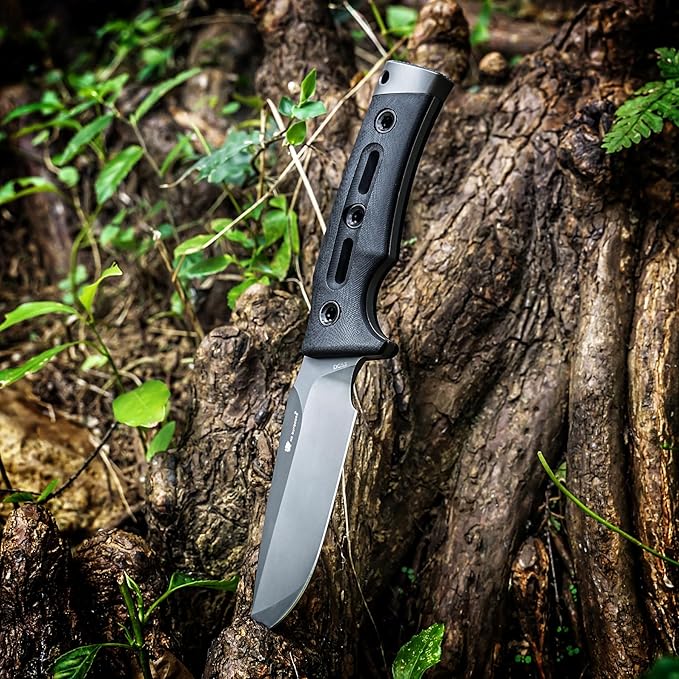 HX OUTDOORS Fixed Blade Knife with Fire Starter Premium DC53 Steel Full Tang Tactical Knives for Men Bushcraft Survival Camping Knife with Kydex Sheath for EDC Outdoor (Gray)
