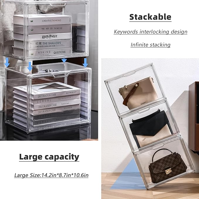 Clear Acrylic Display Case Stackable Plastic Storage Bins with Magnetic Attraction Lid Showcase for Cosmetic Large Figures Collectibles X-Large