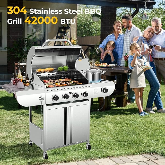 R.W.FLAME 4-Burner Gas Grill with Side Burner Stainless Steel Propane Grill 42000BTU for Outdoor Cooking with Porcelain-Enameled Cast Iron Grates Baking Pan Silver