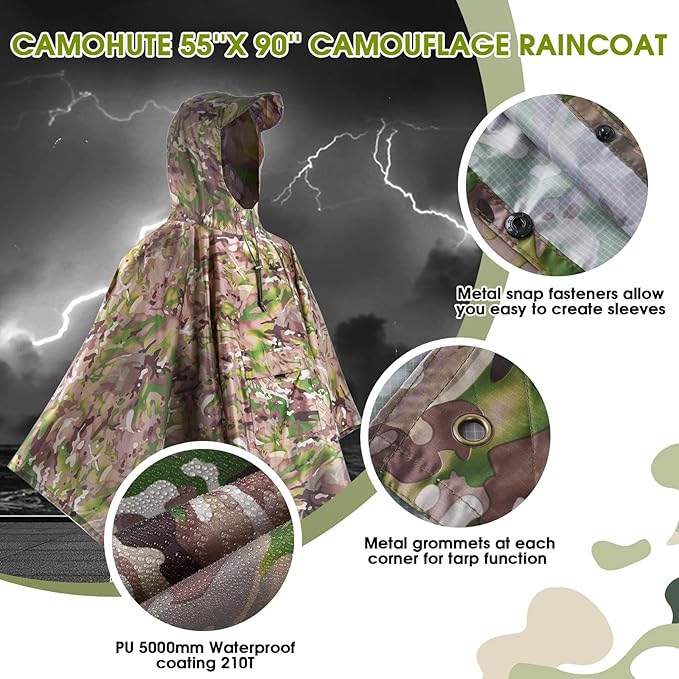 Military Camo Rain Poncho Extra Large Tactical Poncho Shelter with Pocket Waterproof for Hunting Hiking Camping Emergency