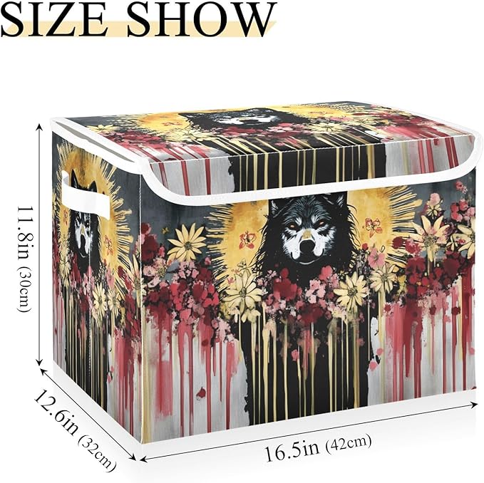 Storage Cube with Lid Tribal Style Wolf Print 16.5×12.6×11.8 IN Collapsible Large Capacity Foldable Storage Basket Bin Organizer