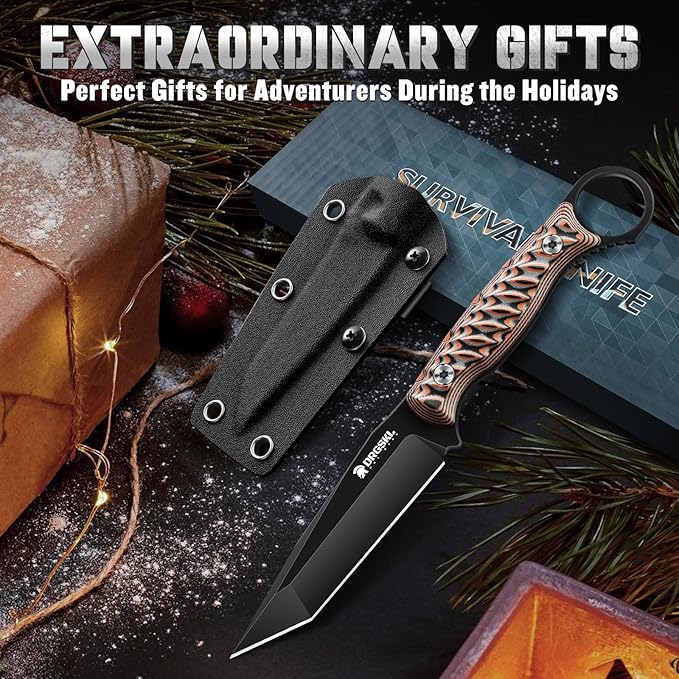 Tanto Fixed Blade Knife - Full Tang Survival Knife for Bushcraft - Camping Knives with Sheath - Black Knives Forged from a Single Piece of D2 Steel - Ideal Gift for Men - Brown