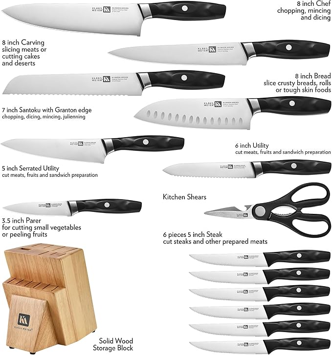 Klaus Meyer 15 Pieces Knife Block Set High Carbon German Stainless Steel Forged Sharp Blade Knife Set With Block Dishwasher Safe Cutlery