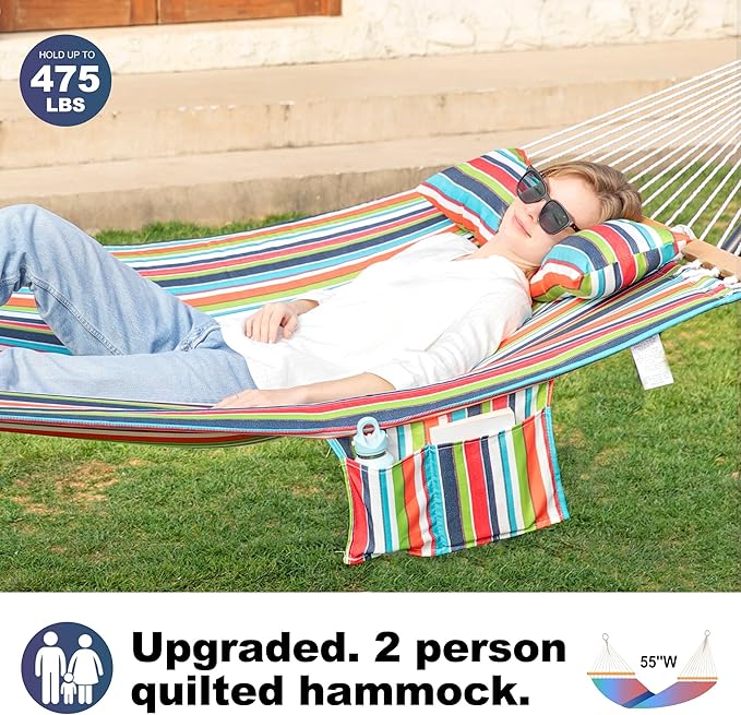 GAFETE Hammock 2 Person Quilted Fabric Hammocks for Outside Double 12ft Hammocks with Spreader Bar Large Removable Pillow Storage Bag Carabiners Max 475 lbs Capacity (Tropical)