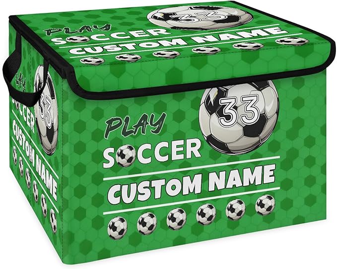 Soccer Custom Storage Bins with Lid Foldable Fabric Personalized Storage Basket Box with Handle Storage Organizer Container for Home Bedroom Closet