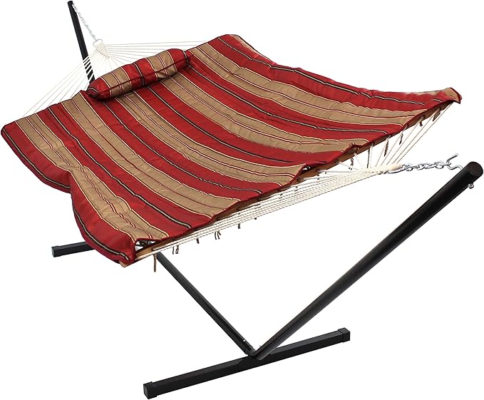 Sunnydaze Rope Hammock with Stand for Outside- 275-Pound Capacity - Includes 12-Foot Hammock Stand Spreader Bar Pad and Pillow - Green Stripe