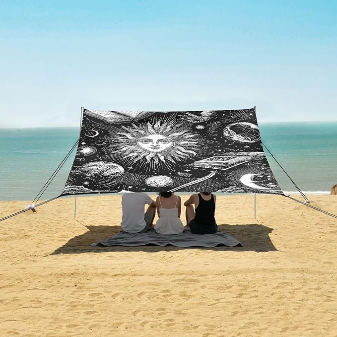 ALAZA Sun Moon Astrology Beach Tent Sun Shelter UPF50+ Protection Beach Shade Canopy w/ 4 Sandbags for Outdoor Camping Fishing Backyard Fun Picnic 10x9 ft