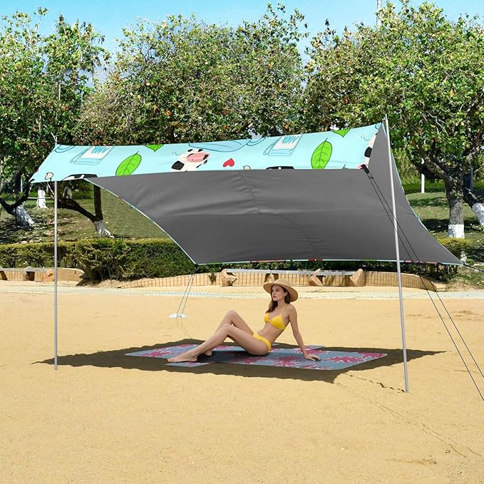 Beach Canopy with Windproof Ropes &amp Sandbags Beach Tent Sun Shade Sun Shelter for Camping Trips Fishing Backyard Fun or Picnics Cartoon Cows