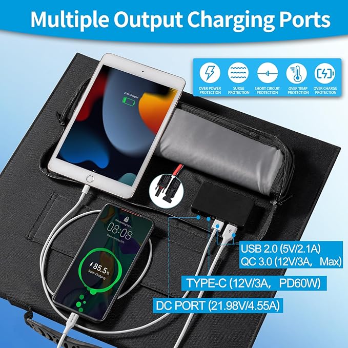 100W 12V Foldable Solar Panel – Monocrystalline Portable Charger for Camping Laptop &amp Smartphone with 5V USB &amp 18V DC Output