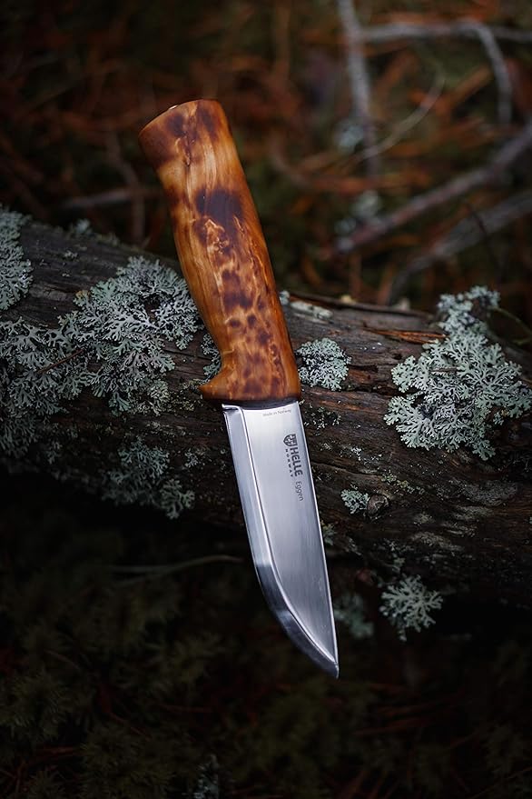 HELLE Knives - Eggen - Triple Laminated Stainless Steel Outdoor Adventure Camping Knife with Sheath Stick Tang Fixed Blade Curly Birch Handle Made in Norway