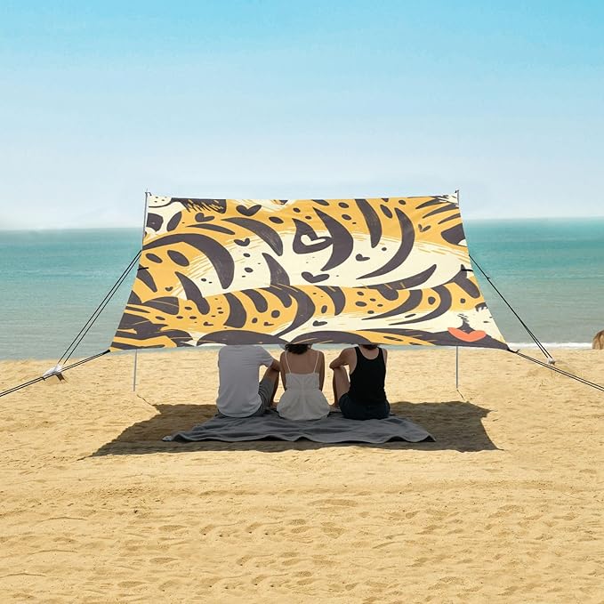 Tigers Skin Print Style Dimgray Beach Cabana Tent UPF50+ Easy Setup Large Sun Shelter with Sandbags Sand Shovel Poles for Family Trips Picnics &amp Camping
