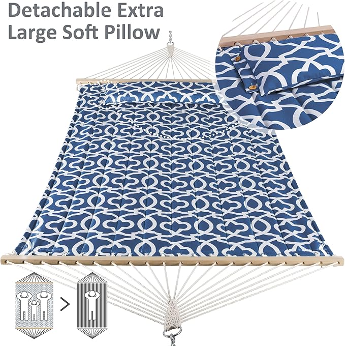 SUNCREAT Double Tree Hammock with Hardwood Spreader Bar Extra Large Soft Pillow Heavy Duty Hanging Hammock for Indoor Outdoor Blue Pattern