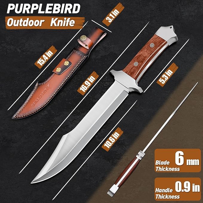 PURPLEBIRD 10 Fixed Blade Hunting Knife for Men Full Tang Bowie Knife with Sheath Heavy Duty Machete Knifes Stainless High Carbon Steel Survival Knives for Camping Bushcraft Gifts for Men