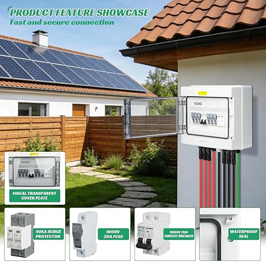 3 in 1 Out Solar Combiner BoxPV Combiner Box with 20A PV FuseDC 63A Circuit Breaker and Surge ProtectorIP65 Solar Disconnect Switch Box for Indoor Outdoor Solar Panel System (3 in 1 Out 20A 1000V)