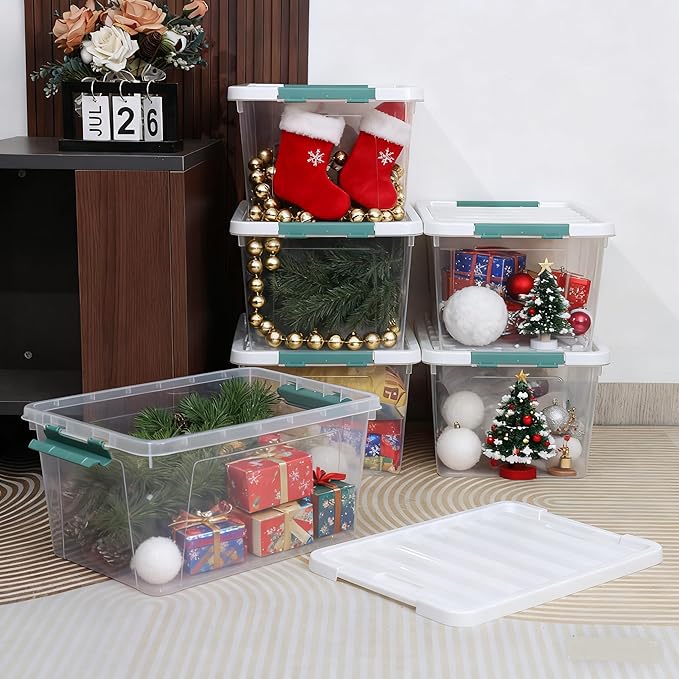 35 Quart Stackable Plastic Storage Latches Box Multi-Purpose Lidded Container for Clothes Craft Supplies &amp Christmas Decorations 6 Packs