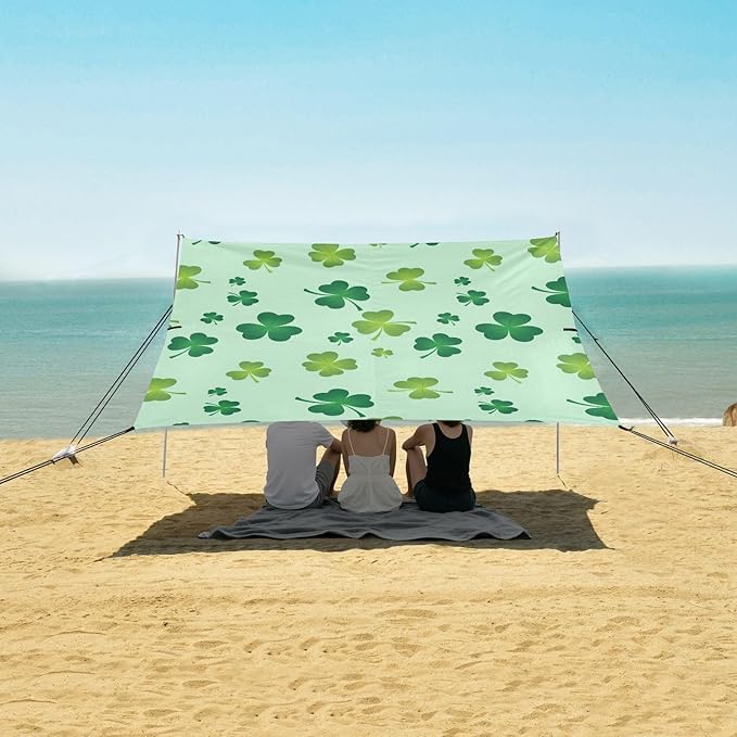 Beach Canopy with Windproof Ropes &amp Sandbags Beach Tent Sun Shade Sun Shelter for Camping Trips Fishing Backyard Fun or Picnics St. Patrick's Day Clover