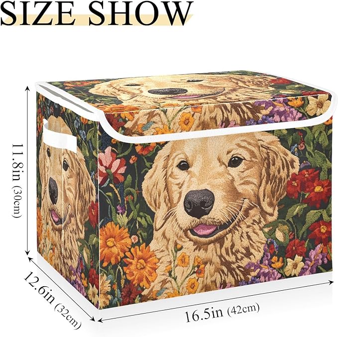 Storage Cube with Lid Labrador Floral Print 16.5×12.6×11.8 IN Collapsible Large Capacity Foldable Storage Basket Bin Organizer