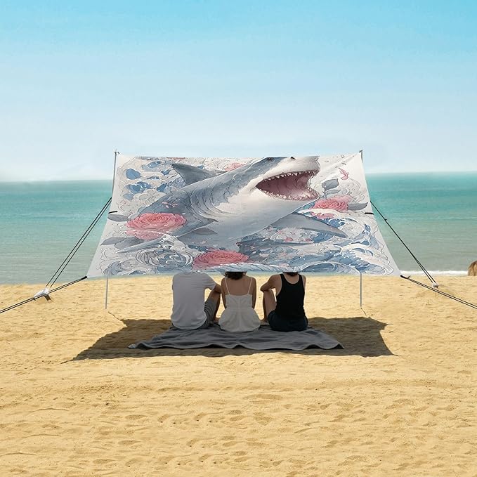 ALAZA Shark with Roses Beach Tent Sun Shelter Portable Canopy Sunshade for Outdoor Camping Picnics Backyard Fun 10x9 ft