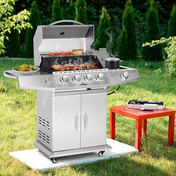 Polar Aurora Propane Gas Grill 4 Burners with Side Burner Stainless Steel Grill Cart with Wheels for Outdoor Patio Garden Backyard Cooking bbq Grill