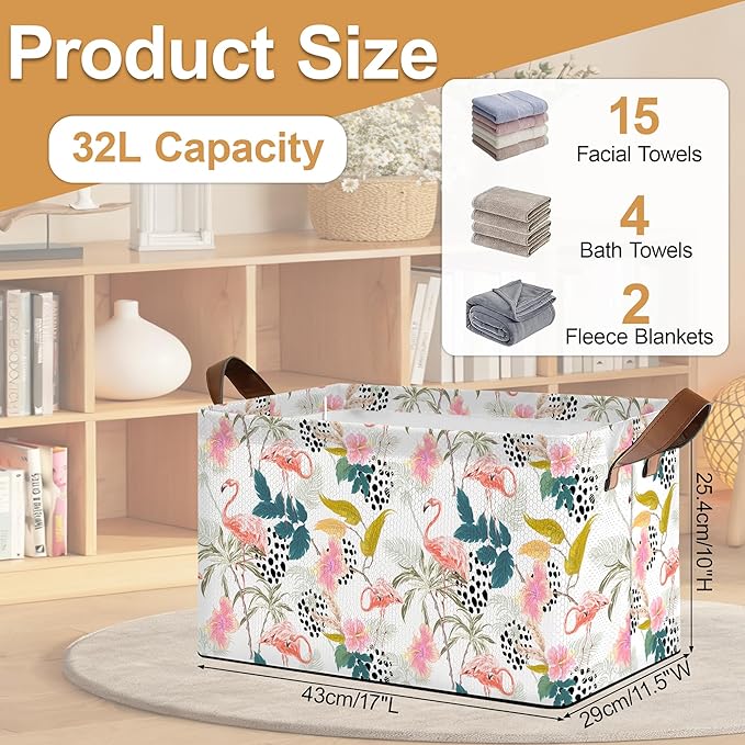 Storage Bin with Handles Forest Pink Flamingo Collapsible Laundry Baskets for Books Laundry - Use in Nursery Closet Organizers and Storage Blanket Basket