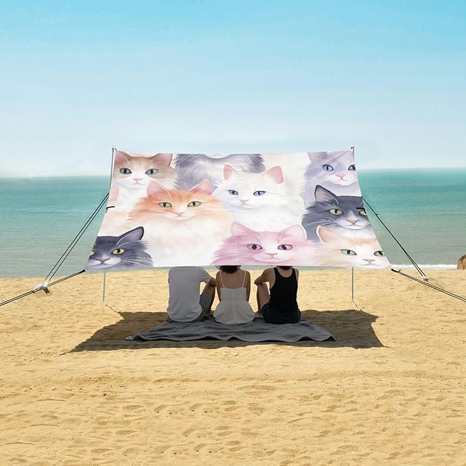 ALAZA Watercolor Cats Kitten Beach Tent Sun Shelter UPF50+ Protection Beach Shade Canopy w/ 4 Sandbags for Outdoor Camping Fishing Backyard Fun Picnic 10x9 ft