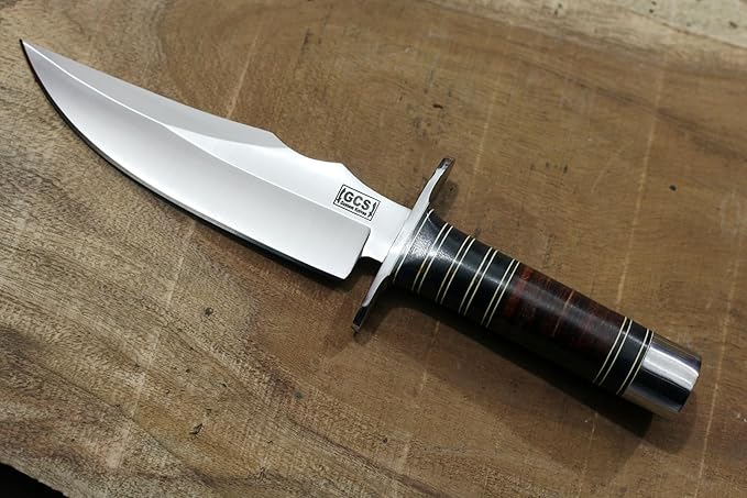 GCS Custom Handmade Stacked Leather Handle D2 Tool Steel Blade Full Tang Bowie Knive with Leather Sheath for Hunting Bushcrafting Camping Survival and EDC-GDK-024