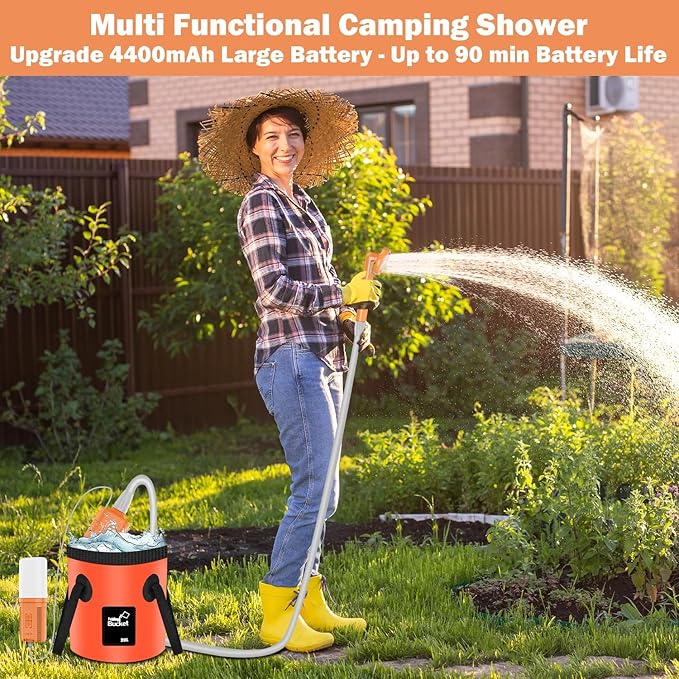 Cosy Life Portable Shower for Camping Rechargeable Camping Shower Pump with 5 Gallons Collapsible Bucket &amp LED Light Electric Outdoor Camp Shower Portable Shower Pump Camping Hiking (5.9 ft Hose