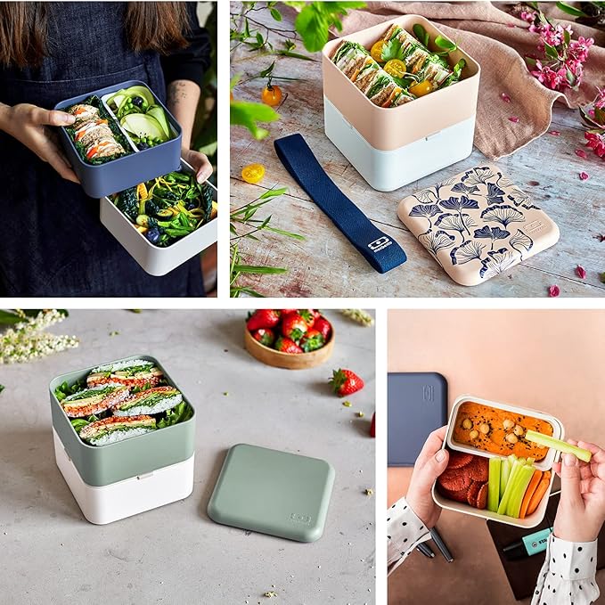 monbento - MB Square Cotton Bento Box - Large Lunch Box with Compartments - Airtight Lunch Box 2 Tier - Ideal for Work/School - BPA Free - Durable and Safe - Made in France - Grey