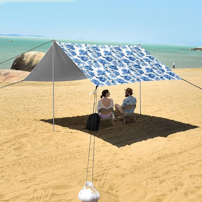 ALAZA Blue Rose Floral Flower Beach Tent Sun Shelter UPF50+ Protection Beach Shade Canopy w/ 4 Sandbags for Outdoor Camping Fishing Backyard Fun Picnic 10x9 ft