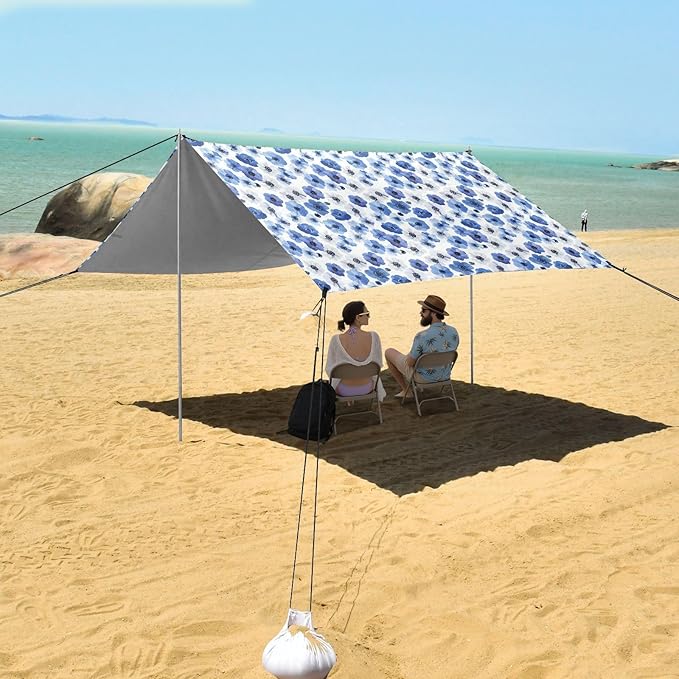 ALAZA Anemone Flowers Floral Beach Tent Sun Shelter UPF50+ Protection Beach Shade Canopy w/ 4 Sandbags for Outdoor Camping Fishing Backyard Fun Picnic 10x9 ft