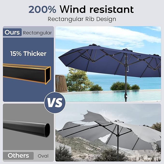 DomeShade 15ft Patio Umbrella with BaseLarge Outdoor Double-Sided Rectangle Umbrella with Crank Handle Market Umbrella for Poolside Garden Deck Backyard Beach Pools Navy Blue