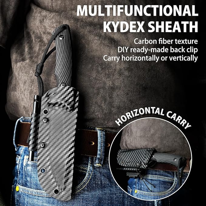 LOTHAR KA52 Fixed Blade Knife Sharp D2 Steel Blade Survival Knives with Kydex Sheath Hunting Knives with G10 Handle Camping Bushcraft Knife for Outdoor Camping Gifts For Men
