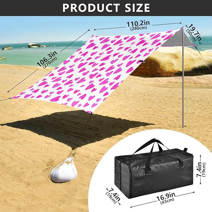 Beach Canopy with Windproof Ropes &amp Sandbags Beach Tent Sun Shade Sun Shelter for Camping Trips Fishing Backyard Fun or Picnics Heart